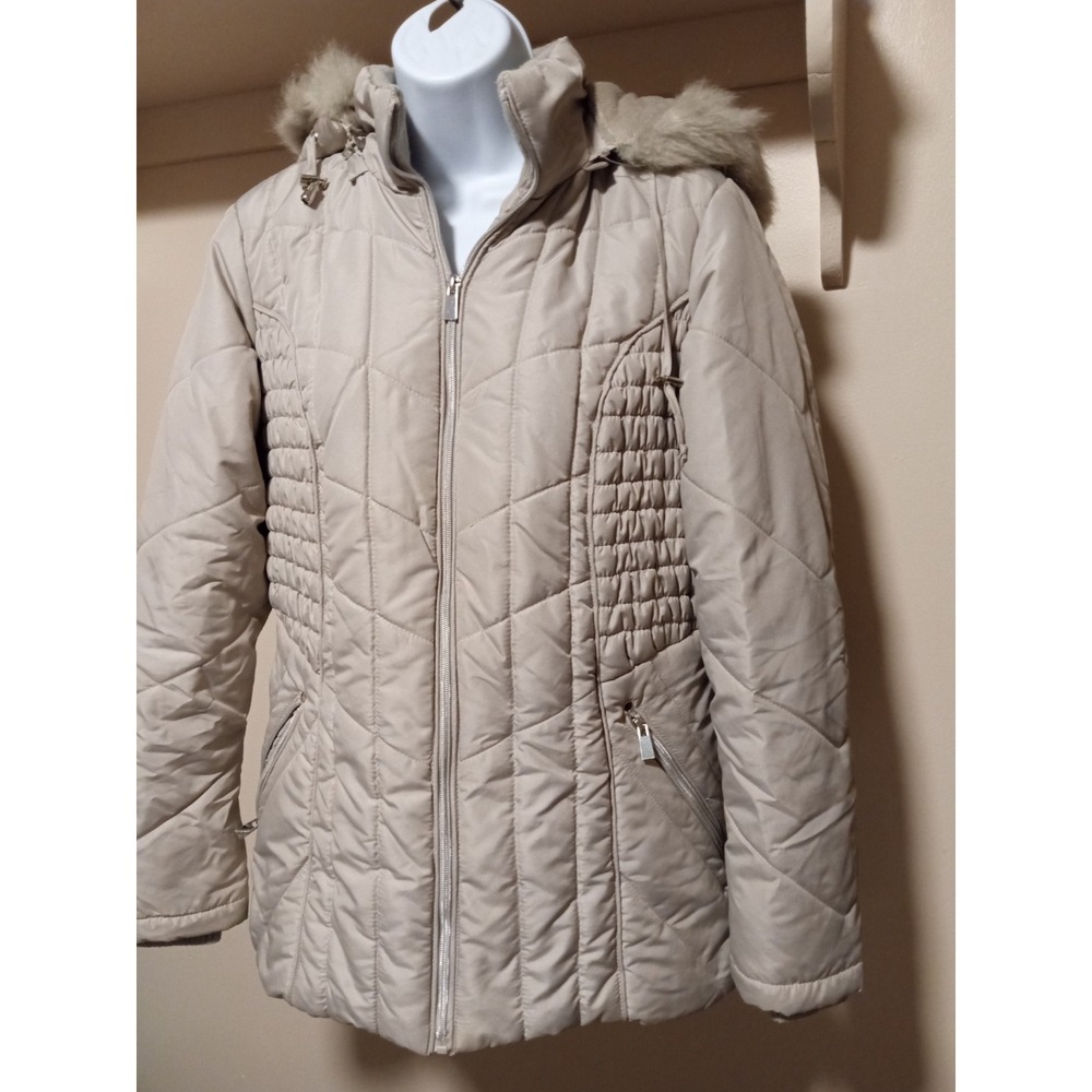 Womens Taupe Quilted Puffer Jacket Faux Fur‎ Trim Hooded Parka Coat Beige